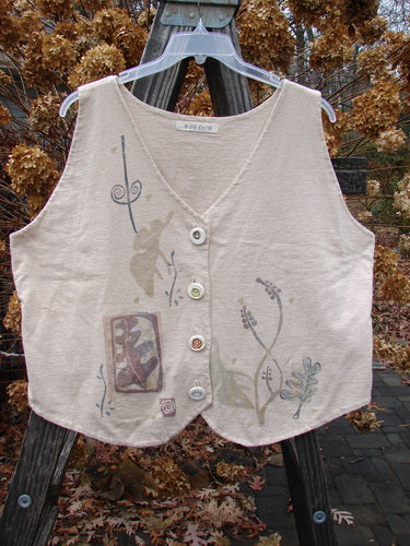 1995 Folk Vest with sun star theme design on white fabric, made of organic cotton. Size 2.