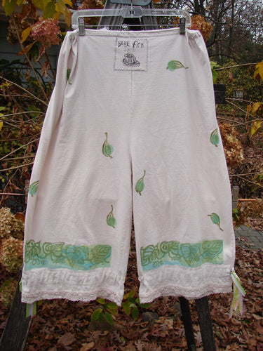 1992 Pantaloon Bloomer Banded Falling Leaf Sea Shell OSFA, featuring green leaf patterns on a full drawcord waist and wide, gatherable lowers, highlighted by antique crochet details.