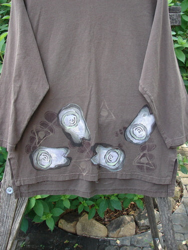 The 1998 Long Sleeved Vented Tee Tumble Stone Stick Size 1 features a thick rib neckline, drop shoulders, and tiny vented sides, with a signature Blue Fish patch visible.