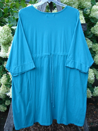 Barclay Banded Sleeved Art Top Wild Flower Vase in aqua, Size 3, a loose tunic-style top with wide banded sleeves, a round neckline, and a softly gathered waist seam. The smooth fabric hangs in a relaxed drape against leafy greenery.