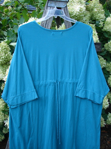Barclay Banded Sleeved Art Top Wild Flower Vase in aqua, size 3, with a loose drape, wide banded sleeves, and a gathered waist seam. The smooth, lightweight fabric hangs from a clear hanger, set against leafy greenery and a weathered wooden backdrop.