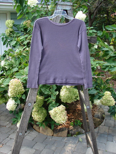 1998 Pointelle Long Sleeved Under Top Unpainted Modena Size 2 displayed on a wooden ladder, highlighting its soft rib knit pattern and cozy sleeves.