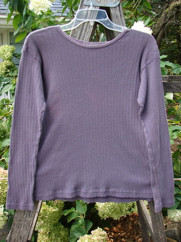 1998 Pointelle Long Sleeved Under Top Unpainted Modena Size 2, displayed hanging on a wooden fence, showcasing cozy long sleeves, a rolled neckline, and rib knit pointelle pattern.