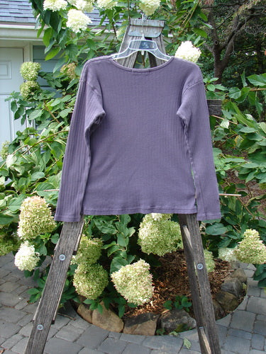 1998 Pointelle Long Sleeved Under Top Unpainted Modena Size 2 displayed on a wooden ladder, showcasing its soft rib knit pattern and cozy rolled neckline.