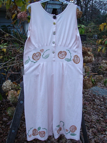 1992 Pant Overall Jumper Rose Sea Shell OSFA: a vintage white dress adorned with painted roses, featuring a swingy silhouette, pleated waistline, and original buttons, exemplifying BlueFishFinder.com's unique, expressive style.