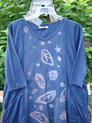 Barclay NWT Wildflower Tunic Star Pathway Dark Sky Size 0 features a unique raw-edged front, flutter hemline, and three-quarter sleeves with lettuce edges, showcasing BlueFishFinder's vintage-inspired, artistic design.