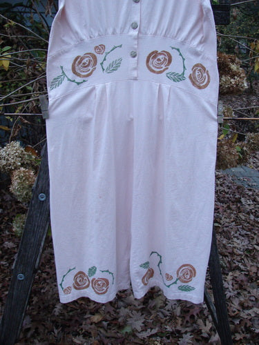 1992 Pant Overall Jumper Rose Sea Shell OSFA, showcasing a vibrant rose pattern on lightweight cotton. Features pleated front waistline, wide swingy lowers, and elongating shape, embodying vintage Blue Fish Clothing style.