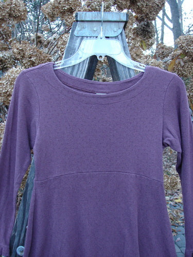 2000 Wool Pointelle Anais Top Unpainted Murple Tiny Size 0: A purple shirt on a swinger with unique features like lettuce edging, empire waist seam, and narrow lower sleeves.