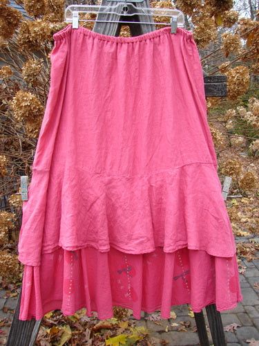 Barclay Linen Two Tier Ruffle Skirt Tiny Dragonfly Peony Size 2: A medium weight linen skirt with a wide double-layered ruffle. Perfect for layering or wearing alone. Waist: 38-48, Hips: 58, Hem Circumference: 90. Length: Upper 27, Lower 34.