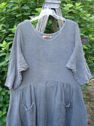 Barclay Crinkle Gauze Two Pocket Dolly Dress Mottled Slate Size 1 on a rack, showcasing its flouncy dual-pocket skirt, downward curved empire waist, wide hem sweep, three-quarter sleeves, and varying hemline.