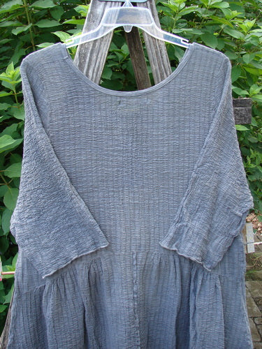 Barclay Crinkle Gauze Two Pocket Dolly Dress Mottled Slate Size 1 displayed on a wooden fence, showcasing a flouncy dual-pocketed skirt, empire waist, and varying hemline.