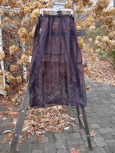 2000 Silk Organza Skirt with Celtic Knot design, Aubergine, Size 2. A graceful, flowing skirt with a flared silhouette and sheer plum hue.