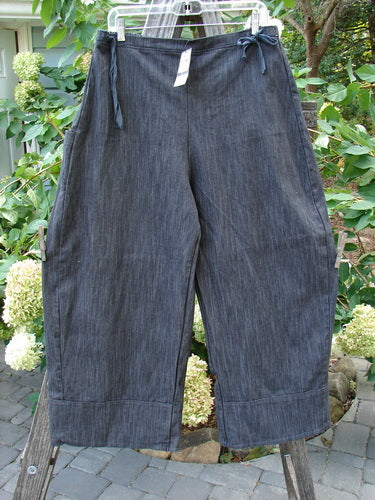 Barclay NWT Perspective Pant Unpainted Black Striation Size 1, displayed on a tree stump, showcasing its full back elastic waistline, wide legs, slightly cropped length, and textured denim fabric.