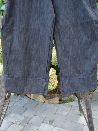 Barclay NWT Perspective Pant Unpainted Black Striation Size 1 displayed on a wooden stand, showcasing the full back elastic waistline, side ties, rear pocket, and wide legs with a slight crop length.