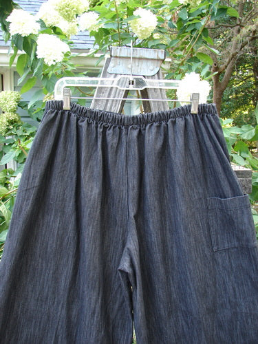 Barclay NWT Perspective Pant Unpainted Black Striation Size 1 displayed on a clothes rack, highlighting its full back elastic waistline, side ties, and wide legs with a slightly cropped length.