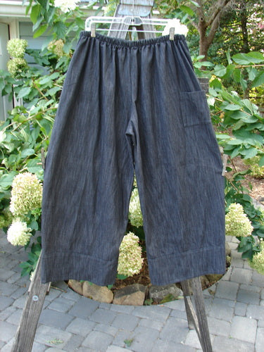 Barclay NWT Perspective Pant Unpainted Black Striation Size 1 displayed on a wooden stand, showcasing its full back elastic waistline, side ties, rear pocket, and wide legs with a slightly cropped length.