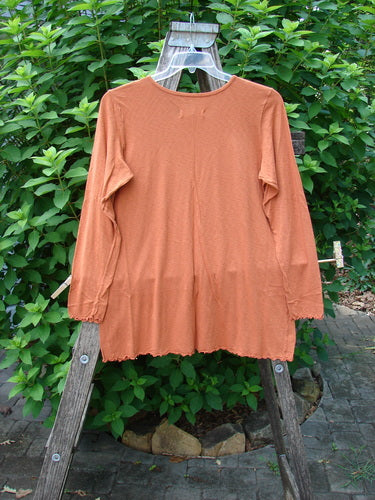 Barclay NWT Modal Slub Layer Top Unpainted Ember Size 0 displayed on a wooden swinger, showcasing its long sleeves, A-line shape, hip flare, raw edges, and rounded neckline.