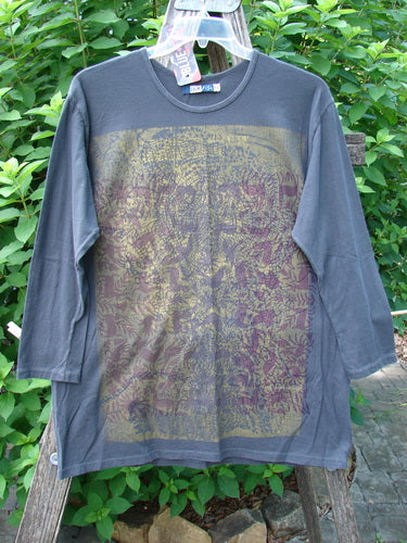 Barclay NWT Long Sleeved Studio Tee Metallic Forest Life Shadow Size 0 displayed on a wooden rack. Features long sleeves, rounded neckline, and metallic forest design, reflecting Bluefishfinder.com's vintage style.