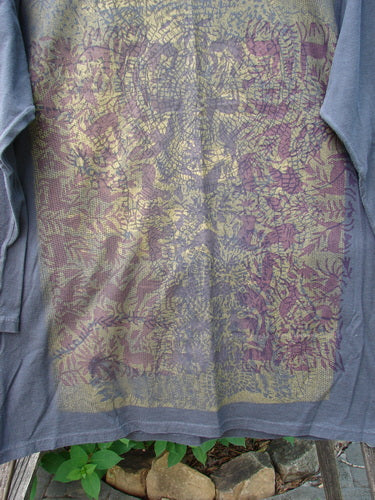 Barclay NWT Long Sleeved Studio Tee Metallic Forest Life Shadow Size 0 showcased in a close-up, highlighting the organic cotton fabric with a forest life pattern, straighter shape, and rounded neckline.