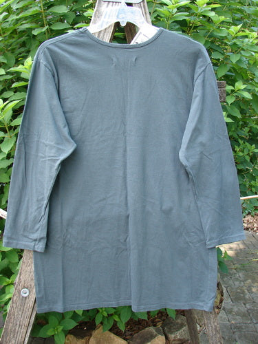 Barclay NWT Long Sleeved Studio Tee Blue Fish Love Thoreau Size 0 on a hanger, showcasing its straighter shape, long cozy sleeves, and rounded neckline, made from medium-weight organic cotton.