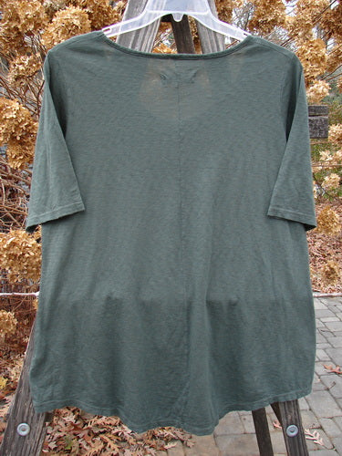A green shirt on a clothes rack, Barclay Short Sleeved Textured A Lined Tee Primitive Herd Hunter Size 0 back has no art.