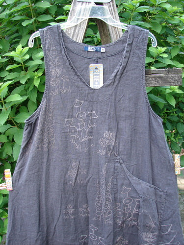Barclay NWT Linen Explorer Jumper Contour Garden Black Sand Size 0 features a scoop neckline, exterior upper pocket, and intricate garden theme paint on a billowy A-line silhouette with unique hem detailing.