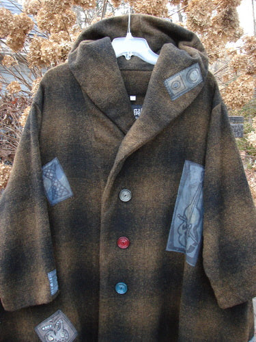 1995 Patched Hooded Autumn Jacket Music Man Cottage Brown Plaid OSFA - A vintage coat with oversized buttons, a cozy hood, and deep side pockets.