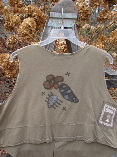 1995 Button Vest Four Petal Bramble OSFA: A shirt with a bug and flower painted on it, featuring tiny front buttons and pockets.