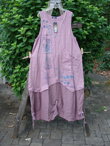 Barclay NWT Linen Explorer Jumper Contour Pansy Patch Tulsi Rose Size 0, featuring a scoop neckline, exterior upper pocket, and billowy A-line shape with overlay bodice and unique drawcord back design.