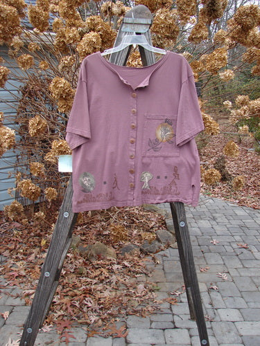 1994 NWT Camp Shirt Moon Flower Plum Size 1 on wooden rack, featuring Varying Hemline, Oversized Breast Pocket, Blue Fish Buttons, Vented Sides, and Moon Flower Theme Paint.