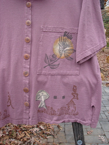 1994 NWT Camp Shirt Moon Flower Plum Size 1: Purple shirt with a unique design, oversized pocket, and vented sides. Vintage Blue Fish patch.