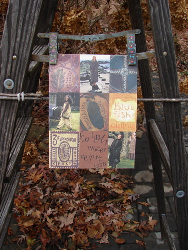 1998 Holiday Winter Resort Catalog: A poster on a ladder showcases a collage of people, while brown leaves provide a close-up. Rediscover vintage Blue Fish clothing.