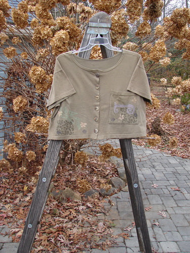 1994 Song Top Garden Bark Size 1: A shirt on a wooden rack with a wide boxy shape, shallow neckline, and vintage buttons. Features a painted breast pocket and Blue Fish patch.