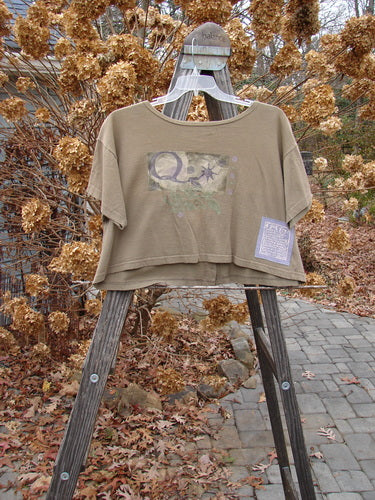 1994 Song Top Garden Bark Size 1: A t-shirt on a wooden ladder with leaves on the ground. Vintage button and painted breast pocket.