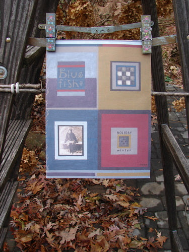 1999 Holiday Winter Resort Catalog: Poster on a ladder, close-up of a wall, brown leaves, blue sign, checkerboard, sad face, sign, wooden bench.