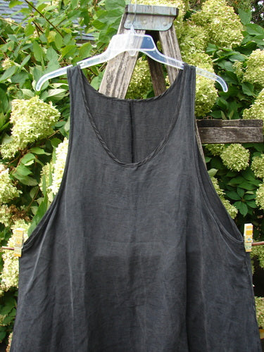 Barclay Hemp Silk Pinafore, size 2, in unpainted smoke, a charcoal sleeveless dress with a soft matte hemp-silk texture, wide straps, and a rounded neckline. It hangs from a clear plastic hanger against lush green hydrangea foliage, creating a natural, subdued backdrop.