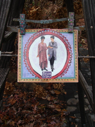 Image alt text: "1997 Holiday Winter Catalog Art of Transcendence: A sign on a ladder, a painting of two women in a circle, and a woman wearing a long dress."