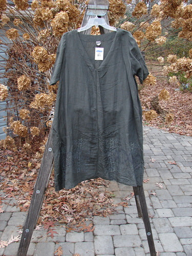 2000 NWT Hemp Silk V Over Top Biology Domino Size 1 features a loose, flowy A-line design with a deep V-neck and pleating details, displayed on a wooden ladder.