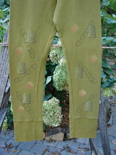 2000 Thermal Layering Lu Pant Soft Geo Greenroot Size 1 featuring intricate chains and spiral designs, ribbed lowers, and a professionally replaced elastic waistband, reflecting Vintage Blue Fish Clothing's creative style.