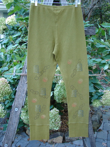 2000 Thermal Layering Lu Pant Soft Geo Greenroot Size 1, featuring a unique painted design and professionally replaced elastic waistband, perfect for vintage Blue Fish Clothing enthusiasts seeking style and individuality.