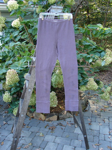 The 2000 Thermal Layering Lu Pant Soft Geos Eggplant Size 1 is displayed draped over a wooden ladder, showcasing its ribbed lowers and pocketless hips in an outdoor setting.