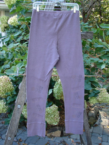 2000 Thermal Layering Lu Pant Soft Geos Eggplant Size 1 displayed on a wooden ladder, highlighting its ribbed lowers, pocketless hip, and full replaced elastic waistband, embodying Bluefishfinder.com's vintage style.