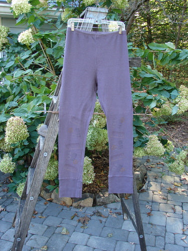 2000 Thermal Layering Lu Pant in Soft Geo Eggplant Size 1, displayed on a wooden ladder, showcasing its ribbed lowers and pocketless design, part of Bluefishfinder's vintage collection.