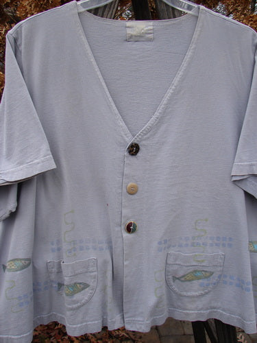 1999 Tiny Pocket Top Fish Water Size 2: A swingy cropped A-line shirt with buttons and fish design. Two front pockets, V neckline with ceramic button, and Blue Fish patch.
