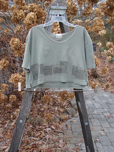 2000 City Side Crop Tee Top Block Park Size 0: A green shirt on a wooden rack, with big paint sleeve accents and a wide swingy shape.