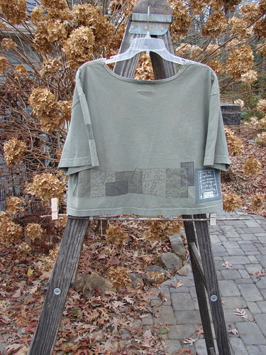 2000 City Side Crop Tee Top Block Park Size 0: A t-shirt on a swinger, with a green shirt on a wooden easel. A wooden structure with leaves on the ground and a drawing of a car. A grey shirt on a swinger.