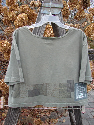 Image alt text: "2000 City Side Crop Tee Top Block Park Size 0: A swingy green shirt with big paint sleeve accents, softly rolled neckline, and vented sides."