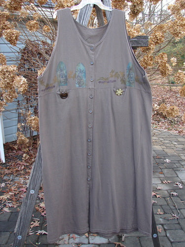 1993 Button Jumper Vintage Harp Cappuccino Size 2: A grey dress with a design on it, featuring wooden-rimmed buttons and tunnel pockets.