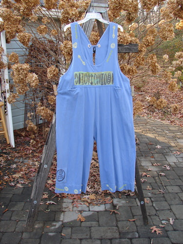 1993 Railroad Overall Jumper Abstract Tool Periwinkle Size 1: Blue overalls on a wooden ladder, hanging on a clothesline.