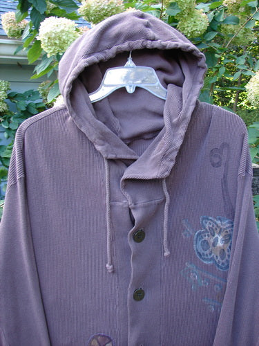 1995 PMU Thermal West Wind Coat Hooded Butterfly Currant Size 1 displayed, showcasing its oversized floppy hood, deep inseam side pockets, and butterfly-themed patches against heavy-weight cotton thermal fabric.